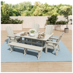 Laguna Outdoor Adirondack Dining Table and 4 Chairs and Bench, Sand