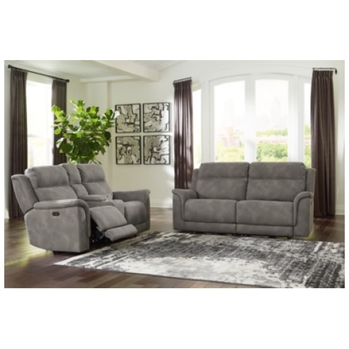 Next-Gen DuraPella Performance Fabric Dual Power Reclining Sofa and Loveseat, Slate