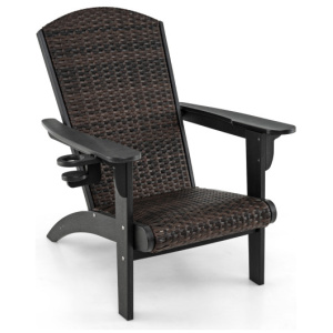 Patio Adirondack Chair with Rattan Padded Seat and Hidden Cupholder-Black