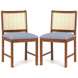 Rattan Dining Chair Set of 2 with Rubber Wood Frame and Linen Fabric Padded Seat-Walnut