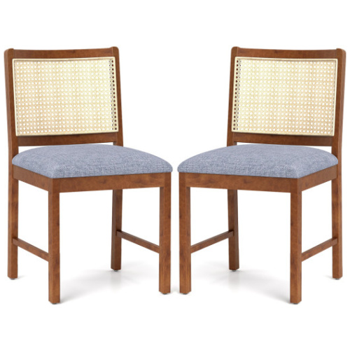 Rattan Dining Chair Set of 2 with Rubber Wood Frame and Linen Fabric Padded Seat-Walnut