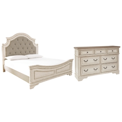 Realyn California King Upholstered Panel Bed with Dresser, Chipped White