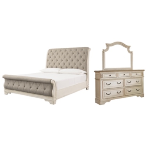 Realyn Queen Sleigh Bed with Mirrored Dresser, Chipped White