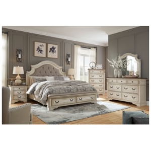 Realyn Queen Upholstered Bed with Mirrored Dresser, Two-tone