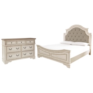 Realyn Queen Upholstered Panel Bed with Dresser, Chipped White