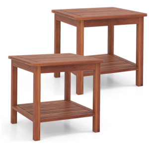 Set of 2 Double-Tier Acacia Wood Patio Side Table with Slatted Tabletop and Shelf