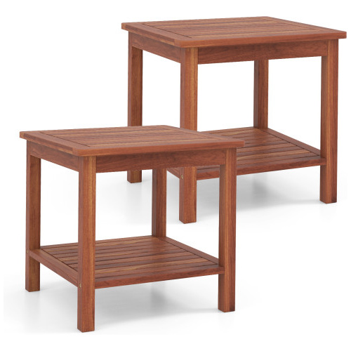 Set of 2 Double-Tier Acacia Wood Patio Side Table with Slatted Tabletop and Shelf