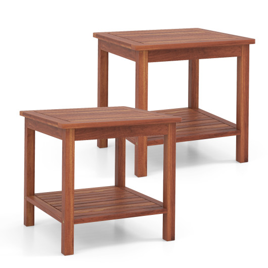 Set of 2 Double-Tier Acacia Wood Patio Side Table with Slatted Tabletop and Shelf