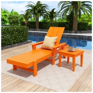 Shoreside Reclining Chaise With Arms and Wheels and Side Table (Set of 2), Orange