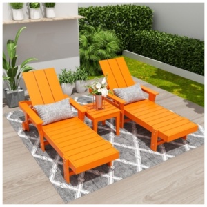 Shoreside Reclining Chaise With Arms and Wheels and Square Side Table (Set of 3), Orange