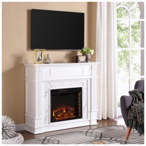 Southern Enterprises Ellisville Faux Cararra Marble 48" Mantel with Electric Fireplace, White