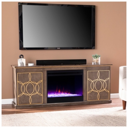 "Southern Enterprises Furniture Lorilee 60" TV Stand with Color Changing Fireplace", Brown/Gold