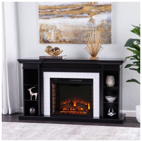 Southern Enterprises Furniture Marionalle Electric Fireplace Mantel with Bookcase, Black/White