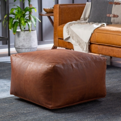 Surya Barrington Pouf Leather, Burnt Orange