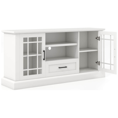 TV Stand for TVs up to 70 with Glass Doors Cubbies and Drawer-White