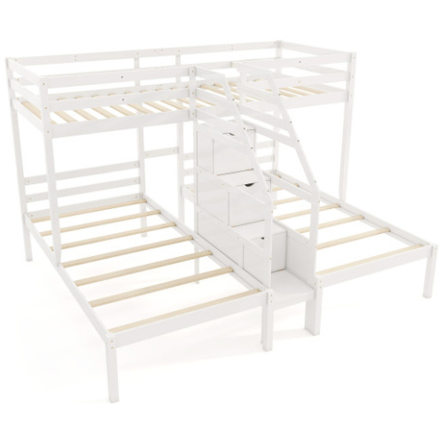 Twin Over Twin and Twin Bunk Bed with Storage Staircase and Guardrail for 3 Kids Teens-White