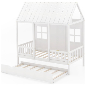 Twin Size Bed Frame House Bed with Trundle and 82 Inch Tall Roof-White