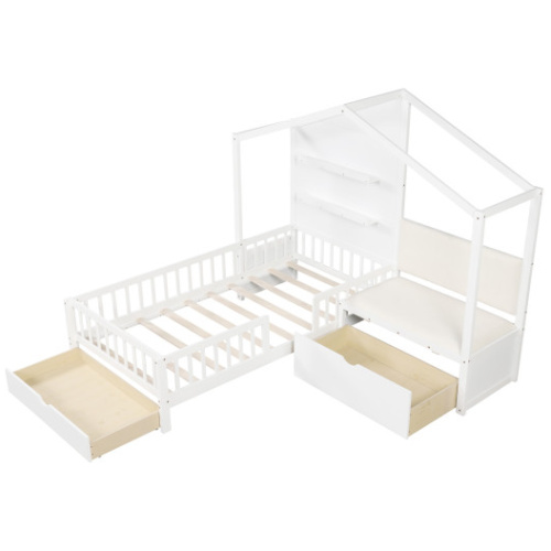 Twin Size House Bed Kids Platform Bed with Padded Bench-White