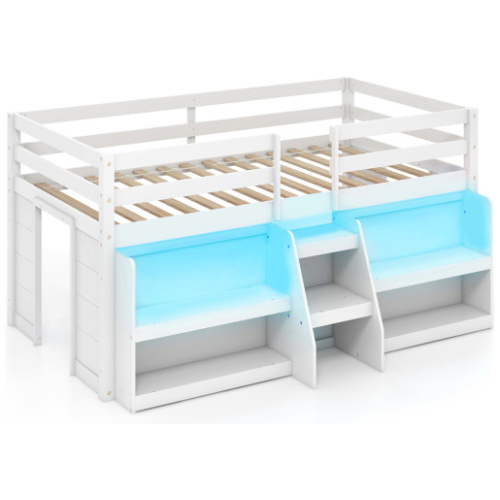 Twin Size Loft Bed with LED Lights with Staircase and Safety Guardrail-White