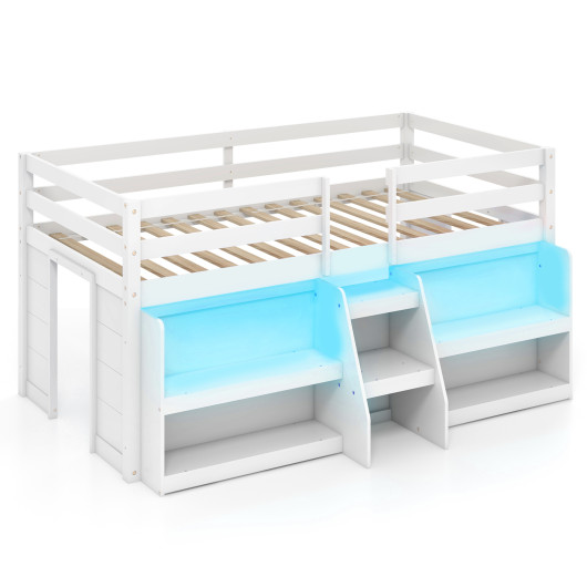 Twin Size Loft Bed with LED Lights with Staircase and Safety Guardrail-White