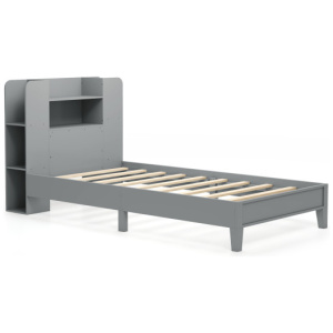 Twin Size Wooden Platform Bed Frame with Bookcase Headboard-Gray