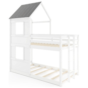 Wooden Twin Over Twin Bunk Bed with Full-length Safety Guardrail and Ladder-White and Gray