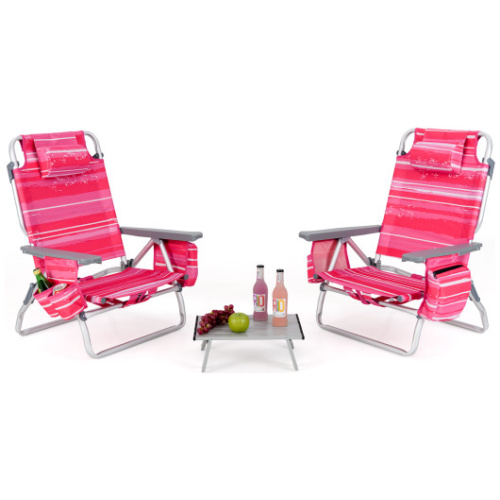 2 Packs 5-Position Outdoor Folding Backpack Beach Table Chair Reclining Chair Set-Hot Pink