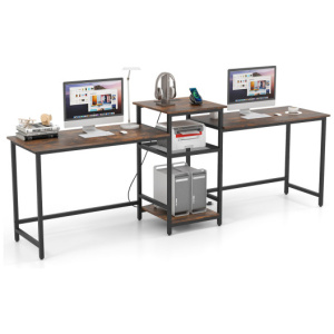 2-Person Computer Desk with Power Outlet and Printer Stand-Rustic Brown