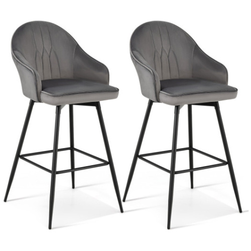 2 Pieces 29.5 Inch Pub Height Swivel Velvet Bar Stools with Metal Legs-Gray