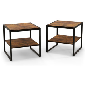 2 Pieces Industrial 2-Tier Side Table Set with Open Shelf-Rustic Brown