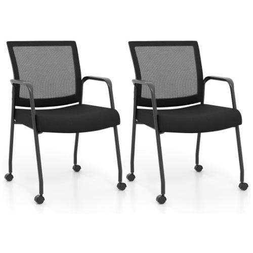 2 Pieces Office Guest Chairs on Wheels with Metal Frame and Armrests-Black