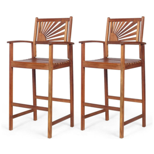 2 Pieces Outdoor Acacia Wood Bar Chairs with Sunflower Backrest and Armrests