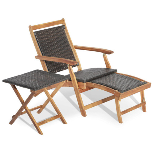 2 Pieces Patio Rattan Folding Lounge Chair with Acacia Wood Table