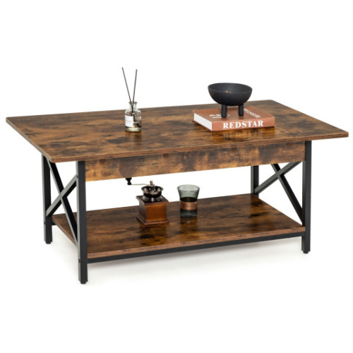 2-Tier Industrial Rectangular Coffee Table with Storage Shelf-Rustic Brown