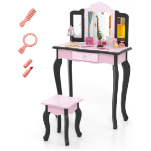 2 in 1 Princess Dressing Table Writing Desk with Cute Leopard Print 3 Makeup Accessories-Pink