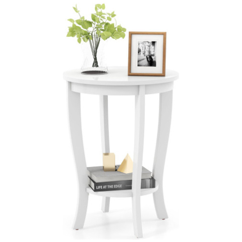 2-tier Round End Table with Solid Wood Legs-White