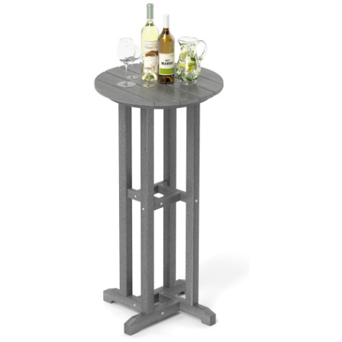 21.5 Inch Round Bar Table Patio HDPE Bar Height Dining Table with Slatted Tabletop-Gray