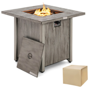 28 Inch 40, 000 BTU Square Fire Pit Table with Lid and Lava Rocks-Gray