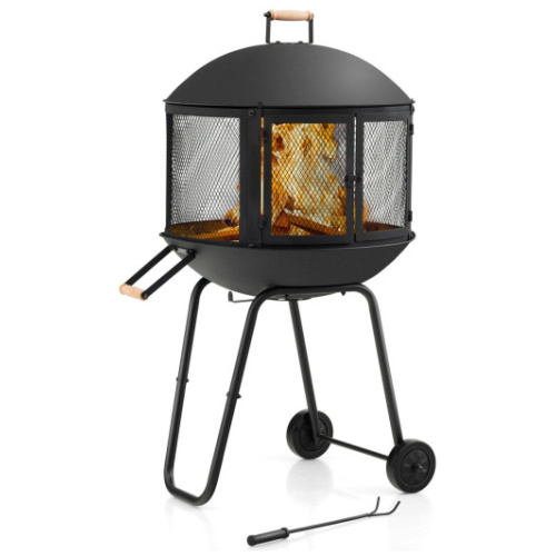 28 Inch Portable Fire Pit on Wheels with Log Grate-Black