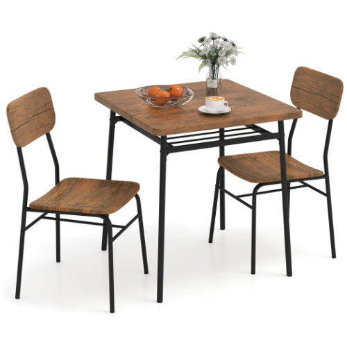 3 Piece Dining Table Set for 2 Wood Square Table with Metal Frame-Brown