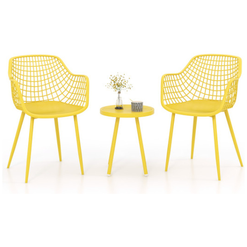 3 Piece Patio Chair Set with PP Seat and Tabletop for Porch-Yellow