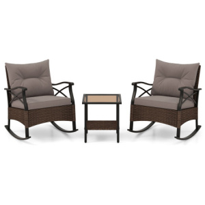 3 Pieces Outdoor Rattan Rocking Chairs Set with 2-Tier Side Table for Garden Backyard-Brown