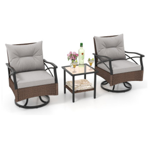 3 Pieces Outdoor Swivel Rocking Chairs Set with 2-Tier Tempered Glass Side Table-Brown