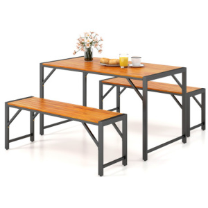 3 Pieces Patio Dining Set with Acacia Wood Dining Table and 2 Benches