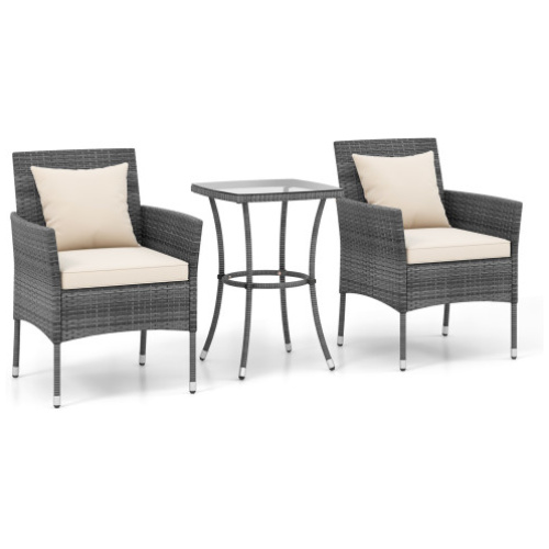 3 Pieces Patio Furniture Set with Cushioned Patio Chairs and Tempered Glass Coffee Table-White