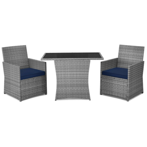 3 Pieces Patio Rattan Furniture Set with Cushioned Armrest Sofa-Navy