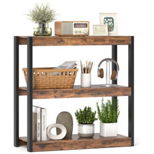 3 Tier Bookshelf Wooden Bookcase with Dual Anti-Tipping Kits-Rustic Brown