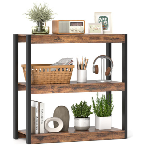 3 Tier Bookshelf Wooden Bookcase with Dual Anti-Tipping Kits-Rustic Brown