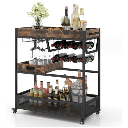 3-Tier Industrial Buffet Serving Cart with Wine Rack