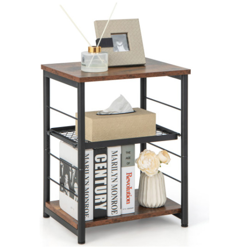 3-Tier Industrial Side Table with Adjustable Mesh Shelf-Rustic Brown